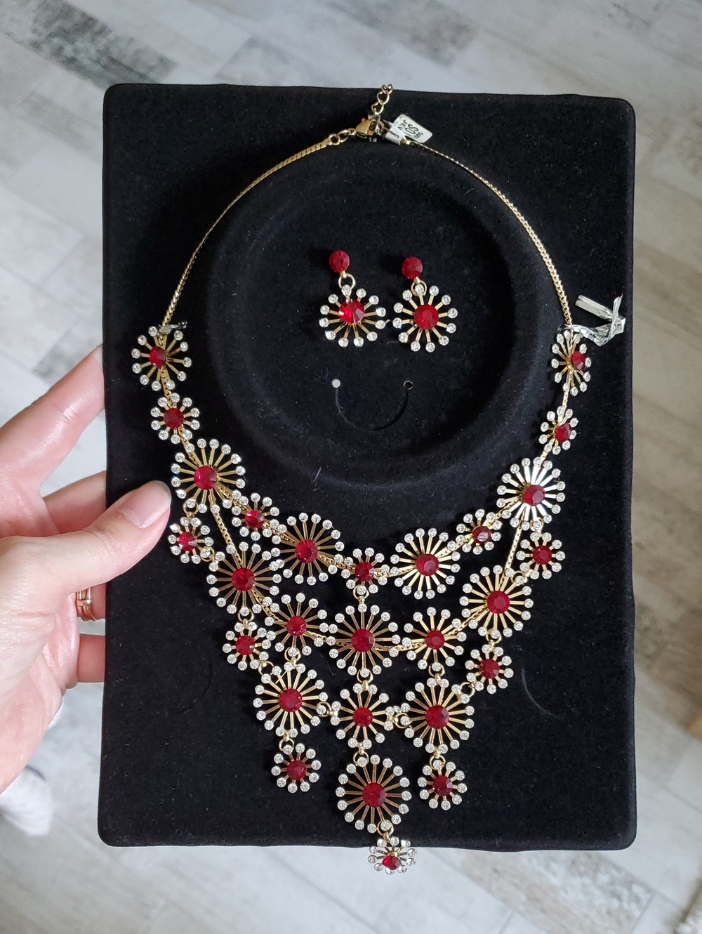 New Gold & Red Floral Statement Necklace and Earring Set